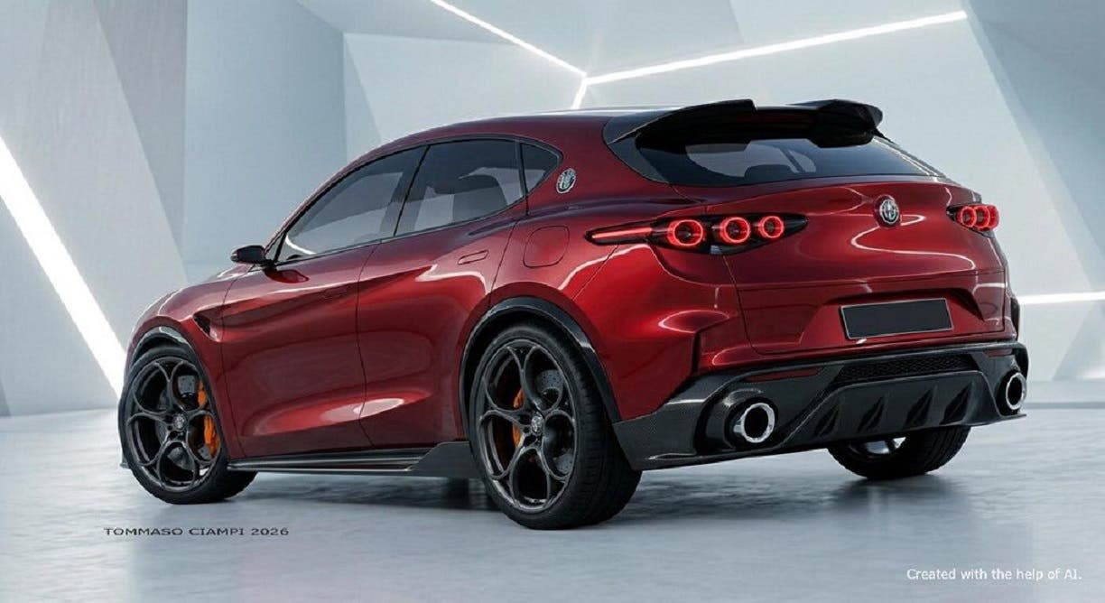 Render della nuova Alfa Romeo Giulietta in rosso, vista frontale su sfondo chiaro