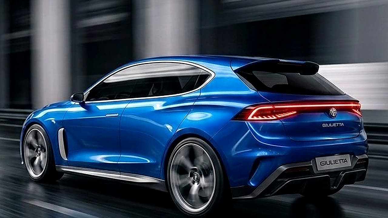 Vista laterale di una nuova Alfa Romeo Giulietta immaginaria, una compatta sportiva con linee dinamiche e coda muscolosa