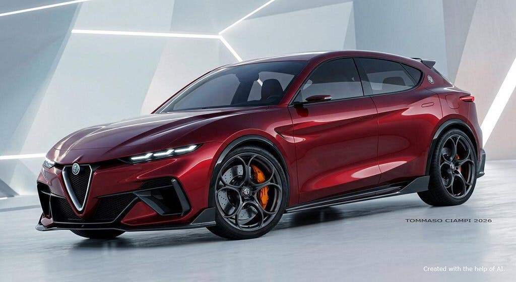 Nuova Alfa Romeo Giulietta in un parcheggio, vista frontale di una hatchback rossa