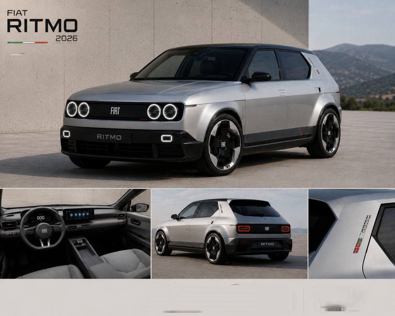 Render digitale di una nuova Fiat Ritmo, vista in prospettiva frontale laterale