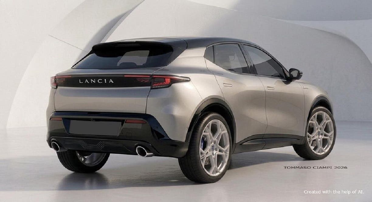 Render della Lancia Delta Crossover, vista frontale e di profilo, che mostra il design immaginario del modello.