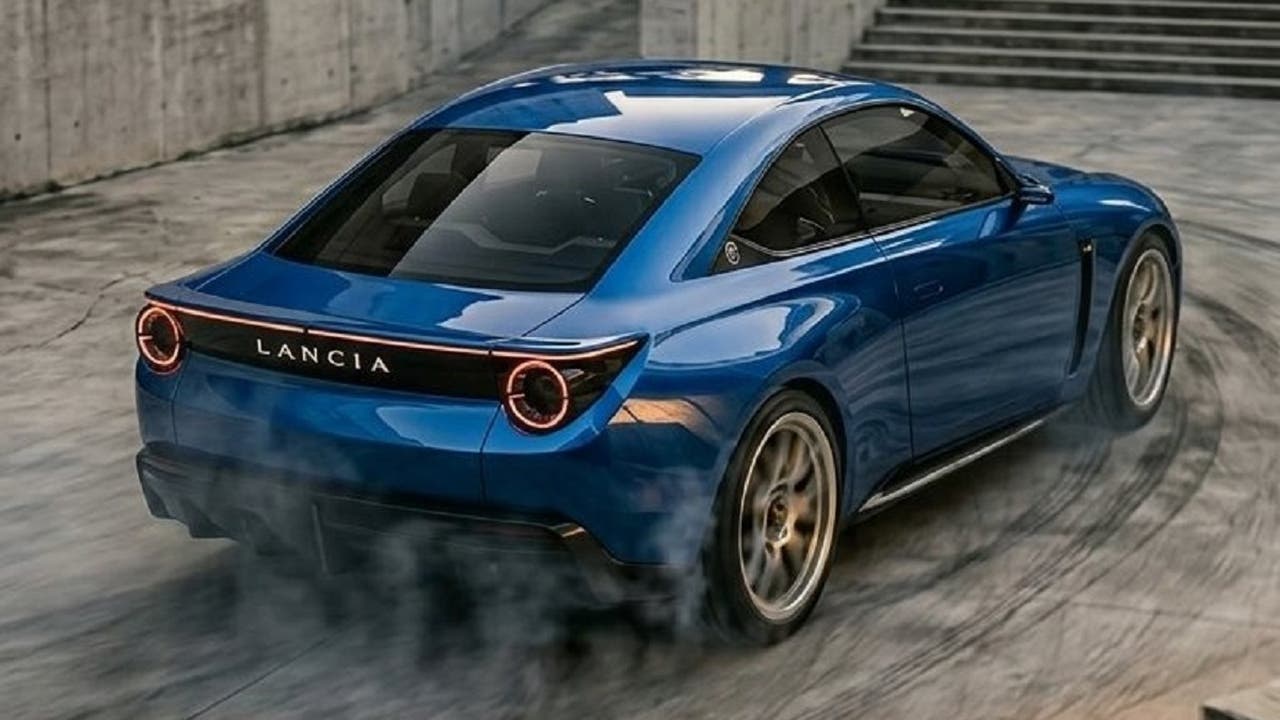 Rendering della nuova coupé Lancia in un progetto digitale, con design sportivo e fari circolari