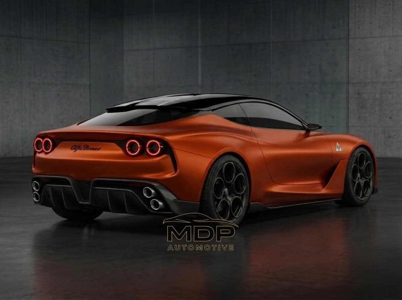 Una coupé Alfa Romeo Milano immaginata da MDP Automotive, bassa, lunga e muscolosa, con frontale futuristico, gruppi ottici sottili e una fiancata pulita e dinamica.