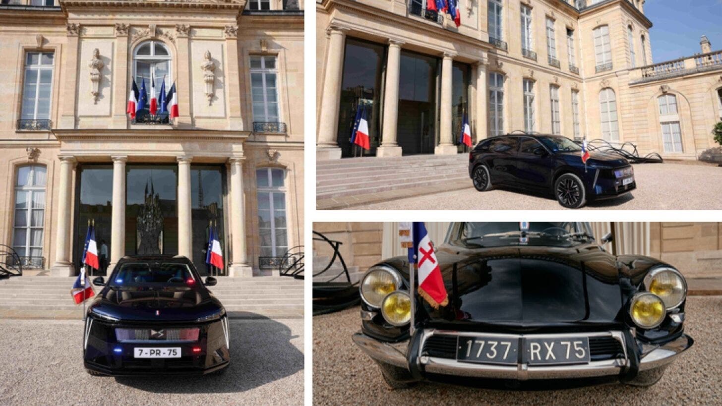 DS N°7 ÉLYSÉE e la storica DS 21 Pallas insieme all’Eliseo: oltre 60 anni di auto presidenziali